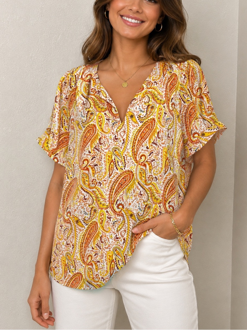 DR2 Yellow Paisley Print Casual Blouse Boho Tops Short Sleeve Lightweight Large